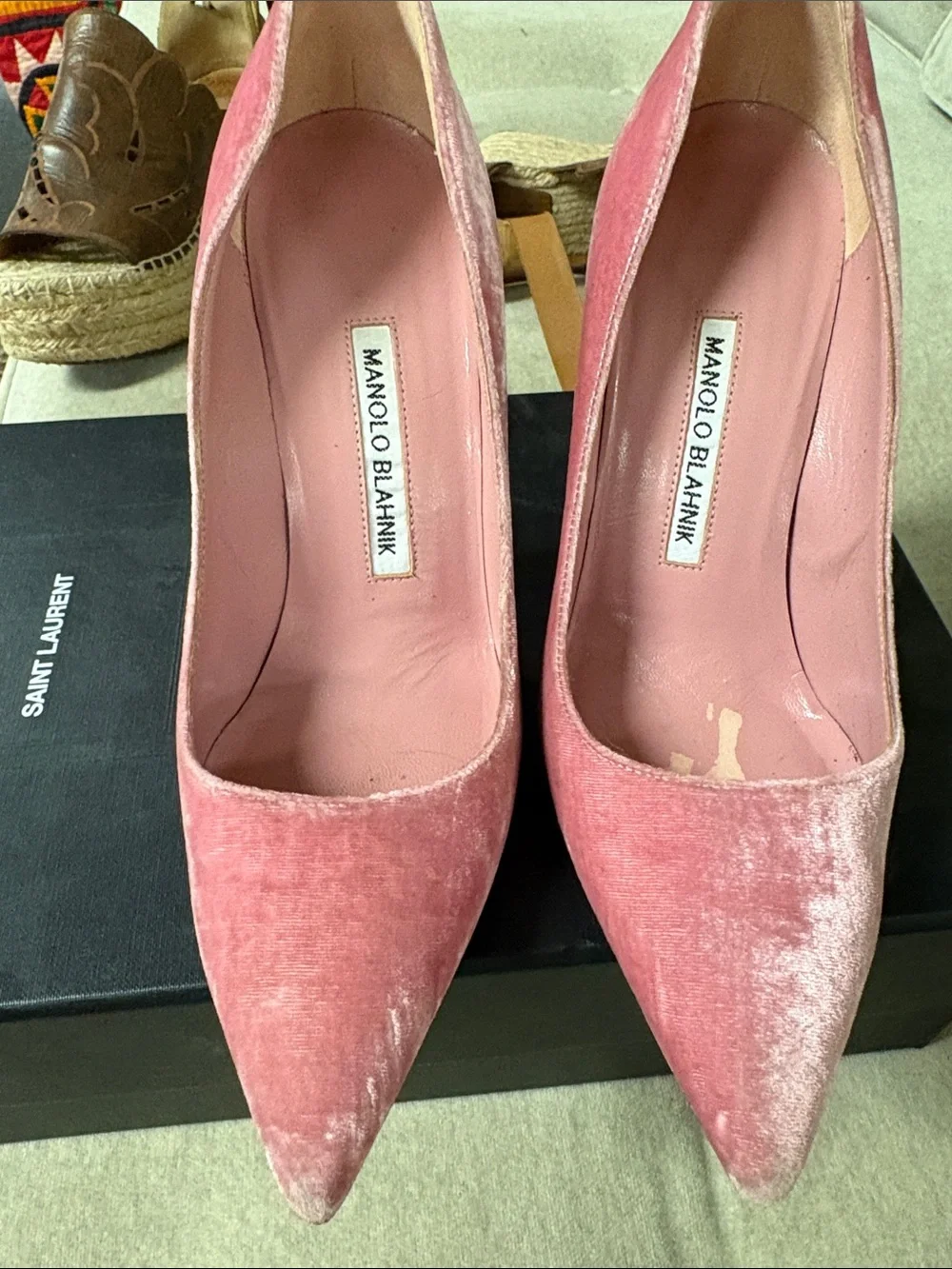 Manolo Blahnik Pink Velvet Pointed Pumps